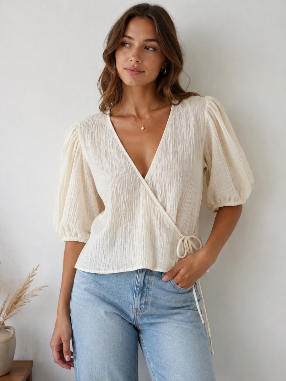 H&M Cream Textured Wrap Blouse Puff Sleeve Tie Top Size S